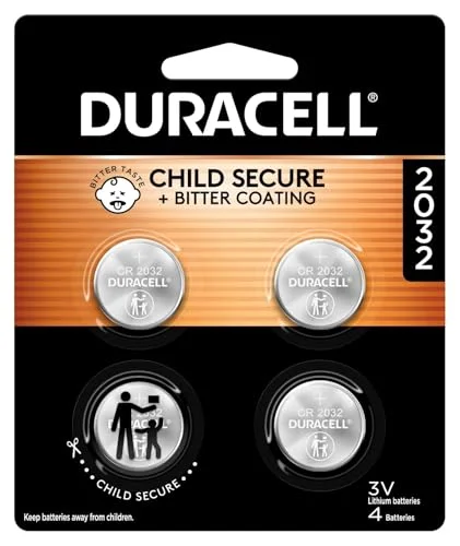 4 Count Duracell 2032 Lithium Battery, CR2032 3V Cell, Key Fob, Child Safety Features