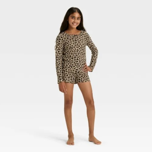 Girls' 2pc Long Sleeve Leopard Waffle Knit Pajama Set - Cat & Jack™ Brown M