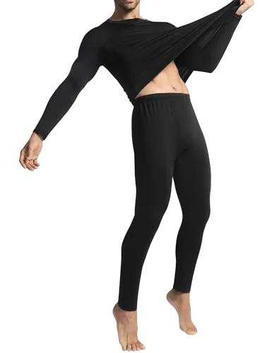 Men's Fleece-Lined Thermal Underwear Set - Base Layer Top and Bottom for Cold Weather - Black