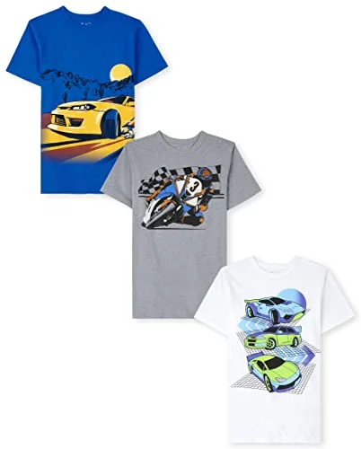 3-Pack Boys' Short Sleeve Graphic T-Shirts - Racecars/Motorcycle Design, Medium