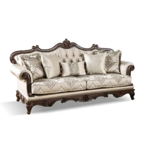 HOMES Inside Out Alsace 90.25" Sofa Traditional Button Tufted Dark Cherry/Beige with Accent Pillows