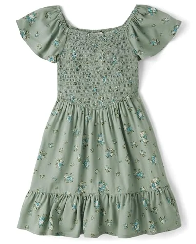 The Children's Place Girls Short Sleeve Smocked Summer Dress Olive Floral Small