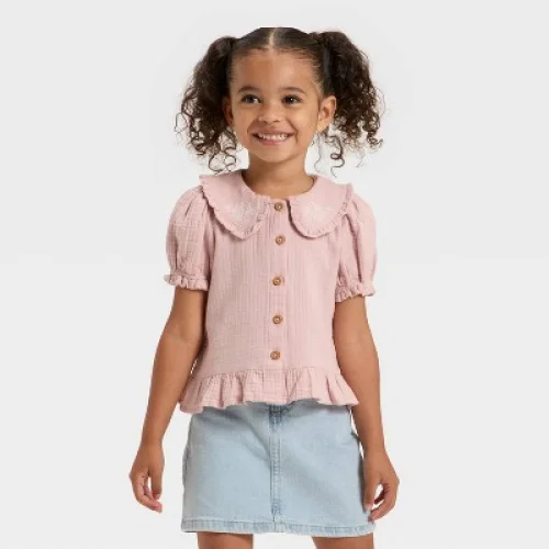 Toddler Girls' Short Sleeve Peter Pan Collar Woven Peplum Top - Cat & Jack™ Purple 5T