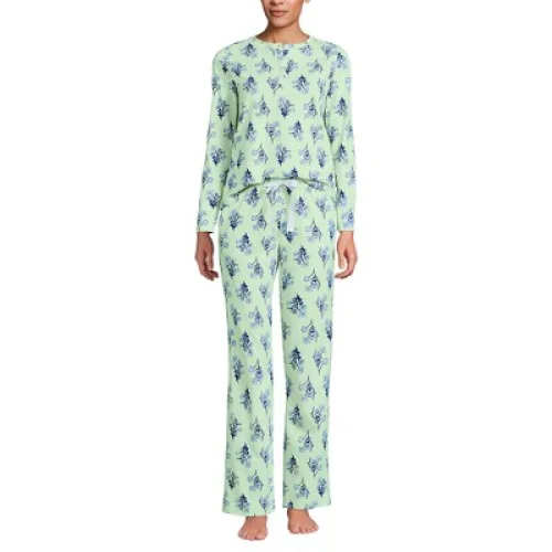 Lands' End Women's Knit 2 Piece Pajama Set - Long Sleeve Top and Pants - Large - Mint/Blue Sky Floral