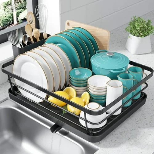 Sakugi Dish Drying Rack, Compact Kitchen Counter Rack Holds 8 Plates, Stainless Steel, Black