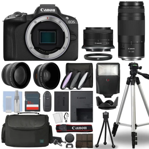 Canon EOS R50 Mirrorless Camera Black 4 Lens 18-45 + 75-300mm 32GB Top Value Kit