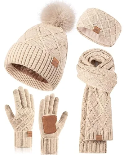Womens Winter Hat Gloves Scarf Headband Set, 4 in 1 Fashionable Warm Gift Set for Cold Weather