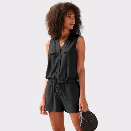 Women's Sleeveless Drawstring Romper - LASCANA - Black Solid 2