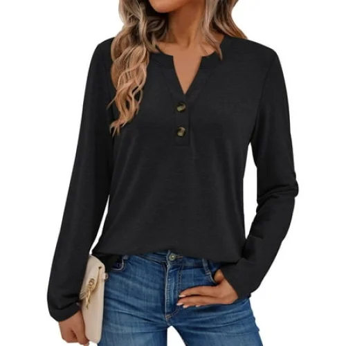 Women's Long Sleeve Henley Blouse - Polyester, Rayon, Spandex Blend - Casual Work & Weekend Top - Sizes S-2XL