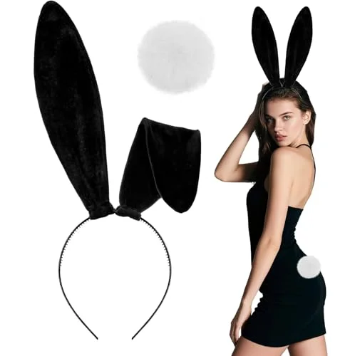 Black Bunny Ears Headband & Tail Set - Velvet Costume Accessories for Halloween and Cosplay Parties
