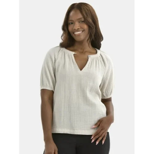 Time and Tru Women's Double Cloth Cotton Top with Short Sleeves, Sizes XS-XXXL
