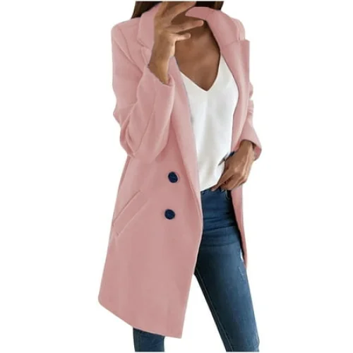 Women's Business Fashion Long Sleeve Office Coat Cardigans Suit Collar Long Solid Color Pocket Buttons Jacket Pink XL
