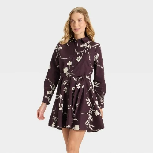 Women's Button-Down Shirtdress - A New Day™ Burgundy Floral M