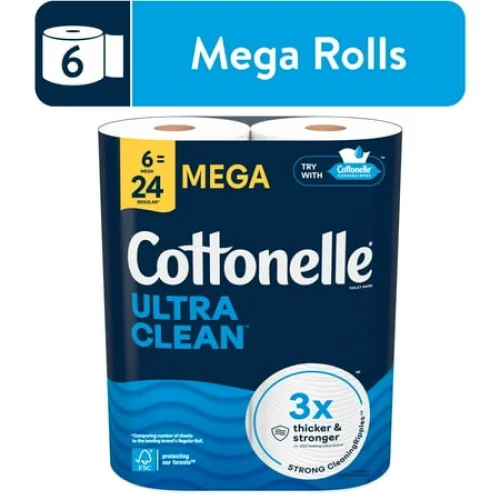 6 Cottonelle Ultra Clean Toilet Paper, Strong Toilet Tissue, Mega Rolls, 1-Ply, XL, 284 Sheets Per Roll