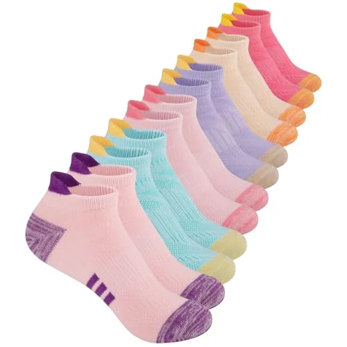 12 Pairs Girls Athletic Ankle Socks for 4-6, 6-8, 8-10 Years Old Cotton Short Socks for Little Big Kids