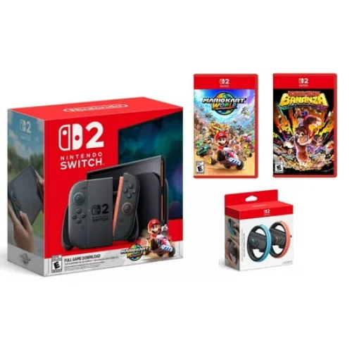Nintendo Switch 2 Console with Mario Kart World, Donkey Kong Bananza and Joy Con 2 Wheel Bundle