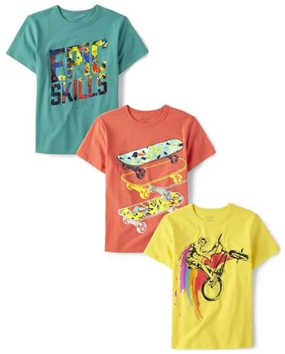 3-Pack Boys’ Vehicles Short Sleeve Graphic T-Shirts - Epic Skills/Skateboard/Bicycle - Large