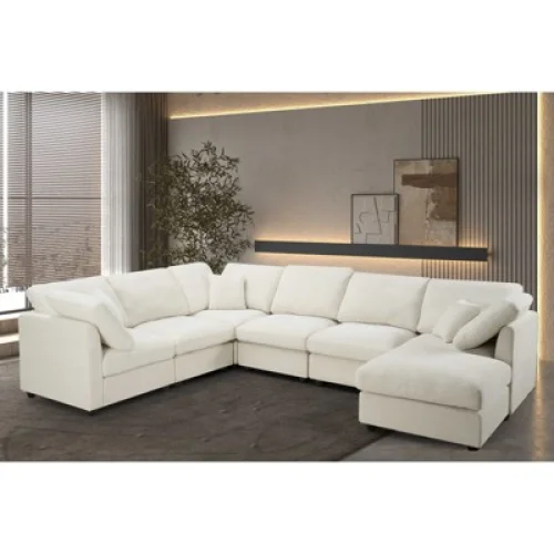 MYINDA 7 Seater Sectional Sofa, Convertible Sleeper, U Shaped Corner Couch, Beige
