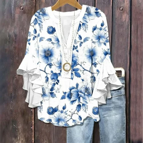 Women's 3/4 Sleeve Floral Print V-Neck Button Down Top - Plus Size Boho Casual Tee Shirt