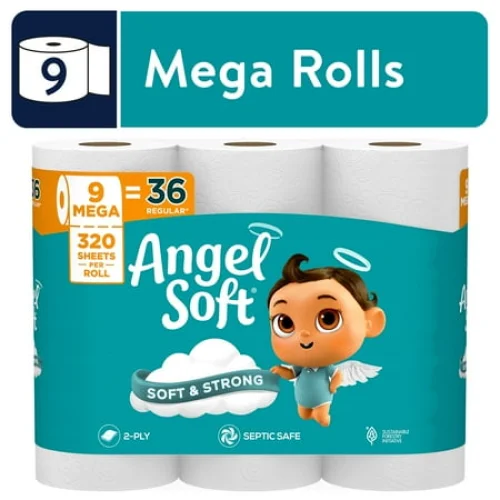 9 Mega Rolls Angel Soft 2-Ply Toilet Paper - Soft and Strong for Everyday Use