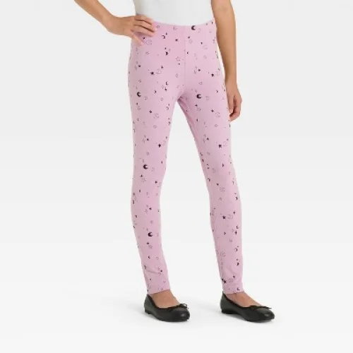 Girls' Halloween Leggings - Cat & Jack™ Purple S - Cotton-Spandex Blend - Sun, Star, and Moon Prints