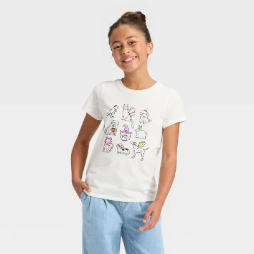 Girls' Short Sleeve Halloween Graphic T-Shirt - Cat & Jack™ Cream M