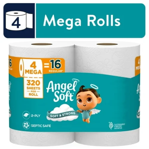 4 Mega Rolls Angel Soft 2-Ply Toilet Paper - Soft and Strong Design for Lasting Use