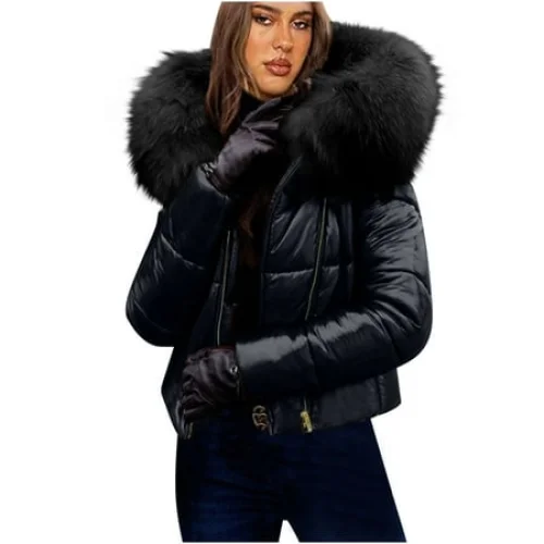 Olyvenn Women's Winter Warm Puffer Down Jacket with Faux Fur Collar and Hood, Black XXXXL