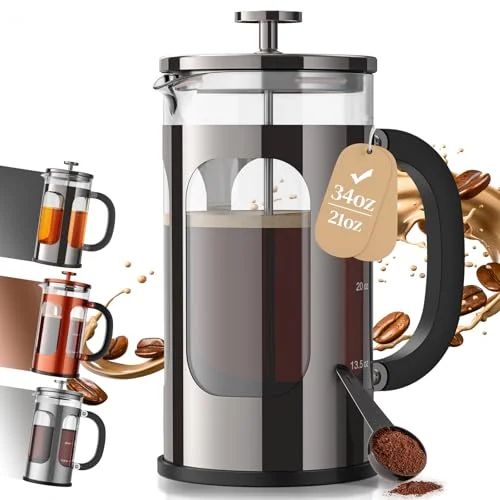 Veken 34oz 1L French Press Coffee Maker - Stainless Steel Brewer, Borosilicate Glass, for Kitchen, Travel, Camping