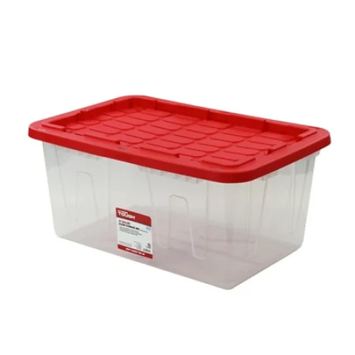 Hyper Tough 27 Gallon Clear Plastic Storage Bin with Red Lid - Durable Stackable Container