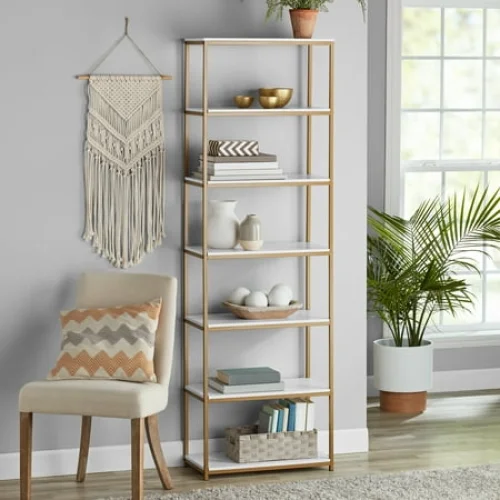 6-Shelf Gold Metal Frame Bookcase, White - Mainstays Storage System for Books, Collectibles, and More