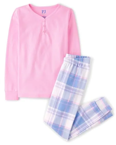The Children's Place Girls' 100% Cotton 2-Piece Pink Purple Plaid Pajama Set, Size 6