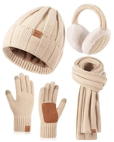 Women's 4-in-1 Winter Hat, Gloves, Scarf, and Earmuffs Set - Oatmeal