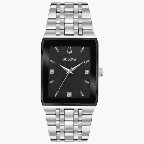 Bulova Quadtra Men's Quartz Diamond Accent Black Dial Watch 30mm 96D145