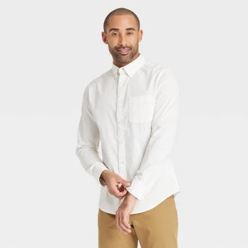 Men's Long Sleeve Poplin Shirt - Goodfellow & Co™ Light Off-White S: Cotton-Spandex Blend, Polka Dot Pattern