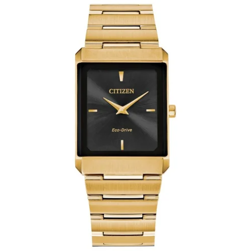 Citizen Eco-Drive Unisex Tank Black Dial Gold Accents Watch 28mm AR3102-51E