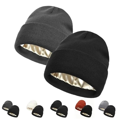 2 PCS Unisex Satin-Lined Knit Beanies for Men and Women - Warm Slouchy Cuffed Winter Hats
