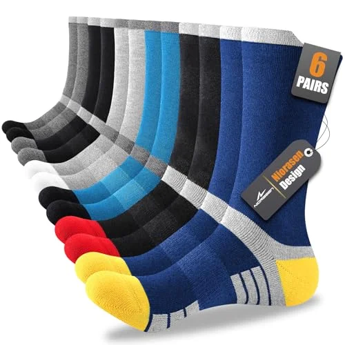 6 Pairs Men's Cotton Crew Work Boot Socks, Moisture Cushioned Athletic Sports Socks for Hiking Running Workout