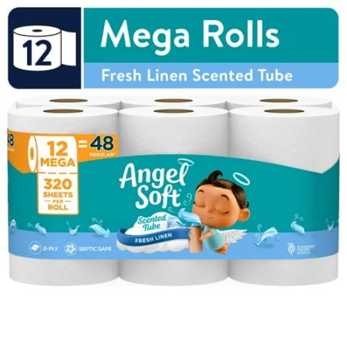 12 Mega Rolls Angel Soft 2-Ply Toilet Paper, Fresh Linen Scented Tube, 320 Sheets Per Roll