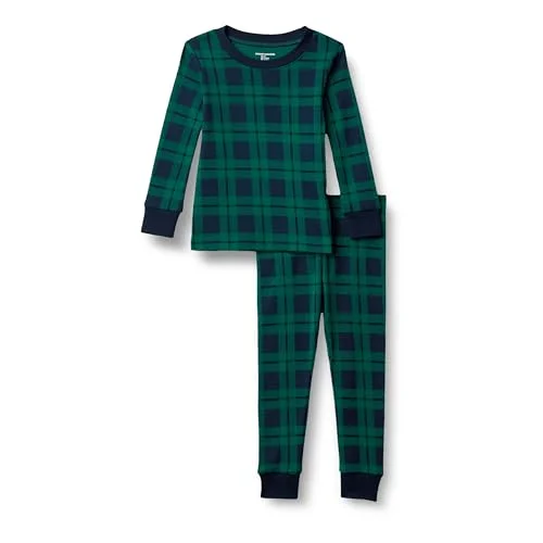 8 Kids' Matching Holiday Family Pajama Sets, Dark Emerald Green Navy Plaid