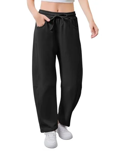 Girls Barrel Leg Sweatpants Kids Athletic Elastic Waist Wide Leg Joggers Pants with Pockets 5-14 Y Black