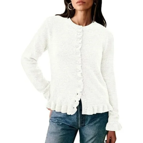 PRETTYGARDEN Women's Fall Chunky Knit Ruffle Open Front Cropped Cardigan Sweater Tops Sizes S-XXL