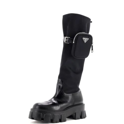 Prada Women's Monolith Knee High Boots Nylon and Leather