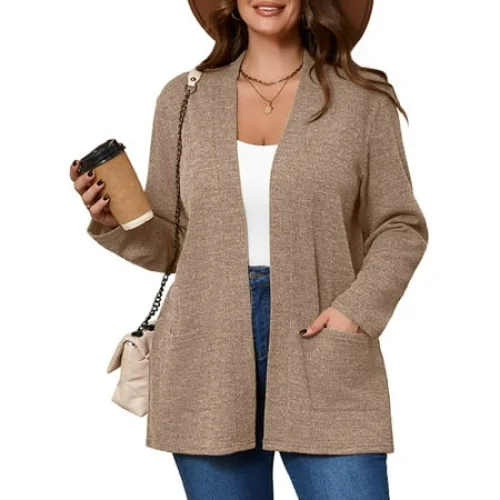 Women's Plus Size Open Front Knit Cardigan, Long Sleeve V Neck Casual Button Down Sweater 3X Latte