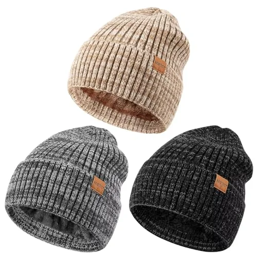 3 Pack Winter Hats for Men and Women, Warm Fleece Lined Thermal Knit Cuffed Skull Caps for Cold Weather