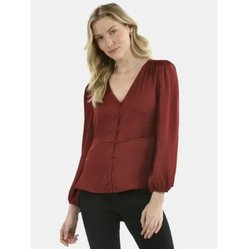 Time and Tru Women's Satin Blouse with Long Balloon Sleeves, XS-XXXL