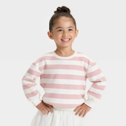 Toddler Girls' Striped Fleece Pullover Sweatshirt - Cat & Jack™ Light Mauve 5T