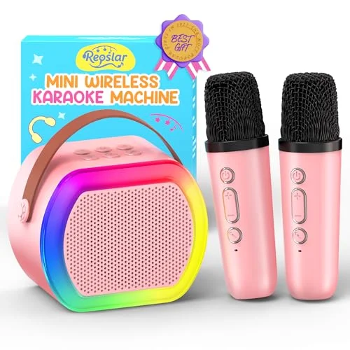 Reoslar Mini Karaoke Machine with 2 Wireless Microphones for Kids Aged 3-12+ - Portable Instrument