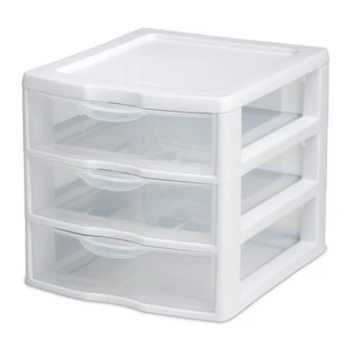 Sterilite Small 3 Drawer Unit, Clear Plastic, White Frame, Ideal for Cosmetics and Craft Supplies