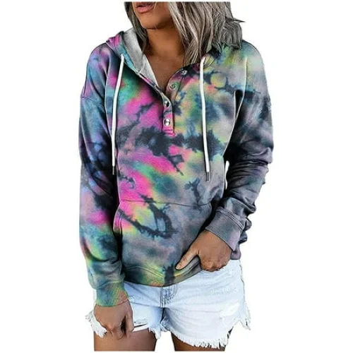 Women's Cowl Neck Pullover Hoodies Long Sleeve Print Sweatshirts Sweaters Drawstring Tops